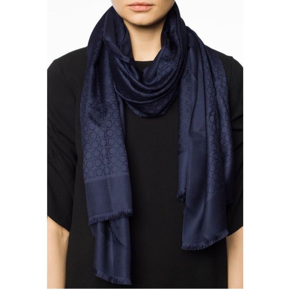 SALVATORE FERRAGAMO Gancio Silk Wool  Scarf in Pacific Dark Blue